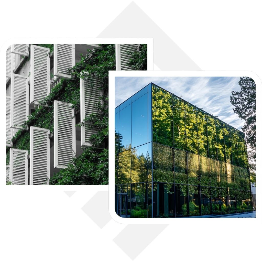 Moderne Gebäudefassade mit vertikaler Begrünung und nachhaltigem Glasbau, Symbol für umweltbewusstes Immobilienmanagement.